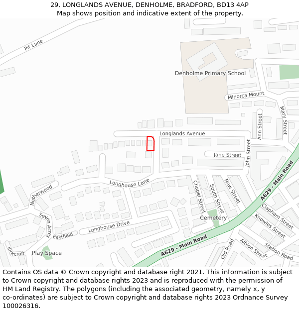 29, LONGLANDS AVENUE, DENHOLME, BRADFORD, BD13 4AP: Location map and indicative extent of plot