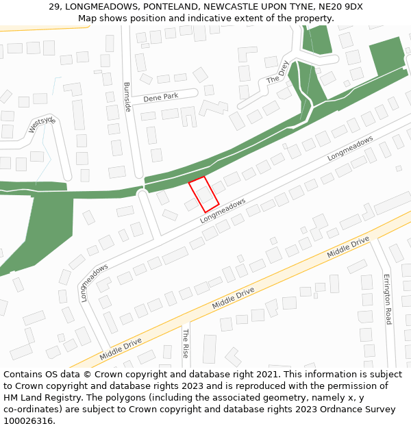 29, LONGMEADOWS, PONTELAND, NEWCASTLE UPON TYNE, NE20 9DX: Location map and indicative extent of plot