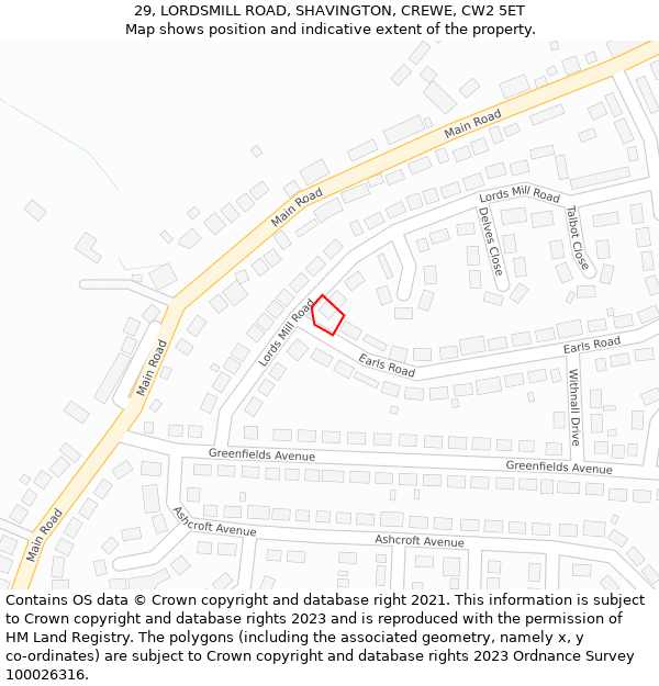 29, LORDSMILL ROAD, SHAVINGTON, CREWE, CW2 5ET: Location map and indicative extent of plot