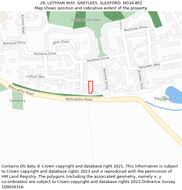 29, LOTHIAN WAY, GREYLEES, SLEAFORD, NG34 8FZ: Location map and indicative extent of plot