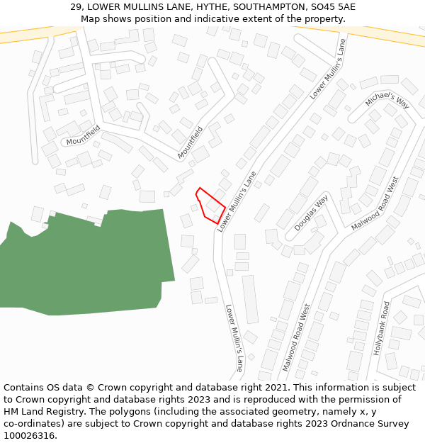 29, LOWER MULLINS LANE, HYTHE, SOUTHAMPTON, SO45 5AE: Location map and indicative extent of plot