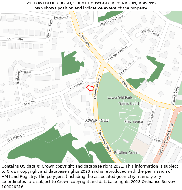 29, LOWERFOLD ROAD, GREAT HARWOOD, BLACKBURN, BB6 7NS: Location map and indicative extent of plot