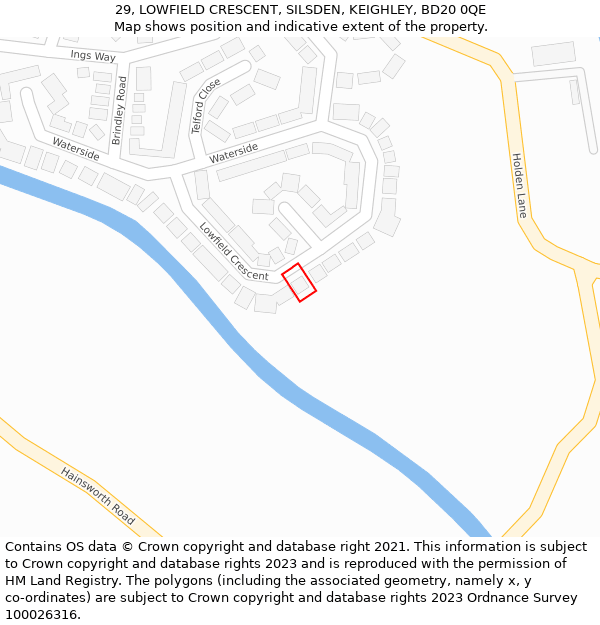 29, LOWFIELD CRESCENT, SILSDEN, KEIGHLEY, BD20 0QE: Location map and indicative extent of plot