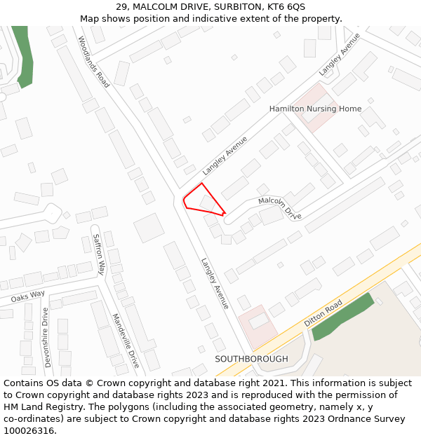 29, MALCOLM DRIVE, SURBITON, KT6 6QS: Location map and indicative extent of plot