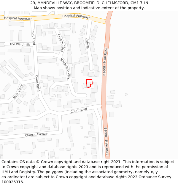 29, MANDEVILLE WAY, BROOMFIELD, CHELMSFORD, CM1 7HN: Location map and indicative extent of plot