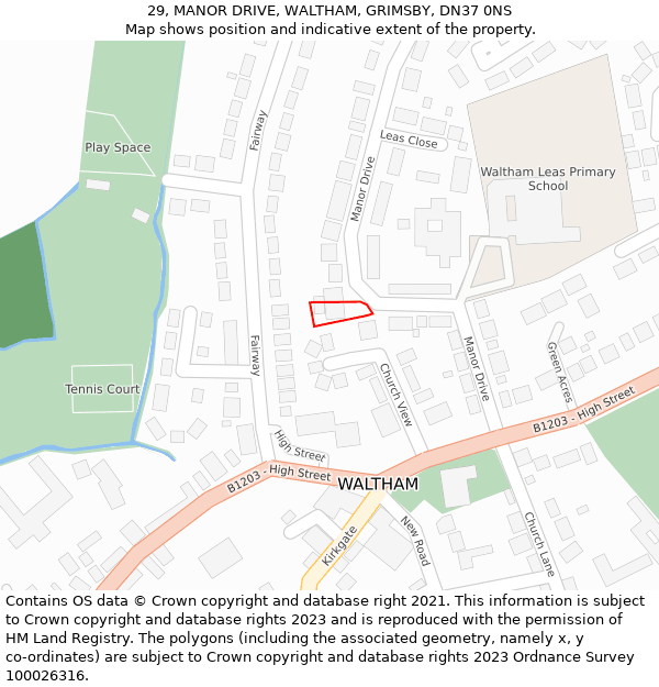 29, MANOR DRIVE, WALTHAM, GRIMSBY, DN37 0NS: Location map and indicative extent of plot