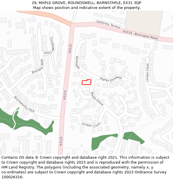 29, MAPLE GROVE, ROUNDSWELL, BARNSTAPLE, EX31 3QP: Location map and indicative extent of plot