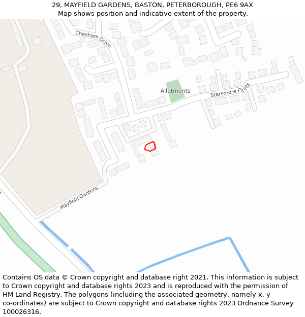 29, MAYFIELD GARDENS, BASTON, PETERBOROUGH, PE6 9AX: Location map and indicative extent of plot