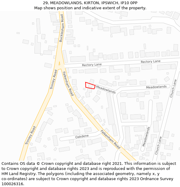 29, MEADOWLANDS, KIRTON, IPSWICH, IP10 0PP: Location map and indicative extent of plot