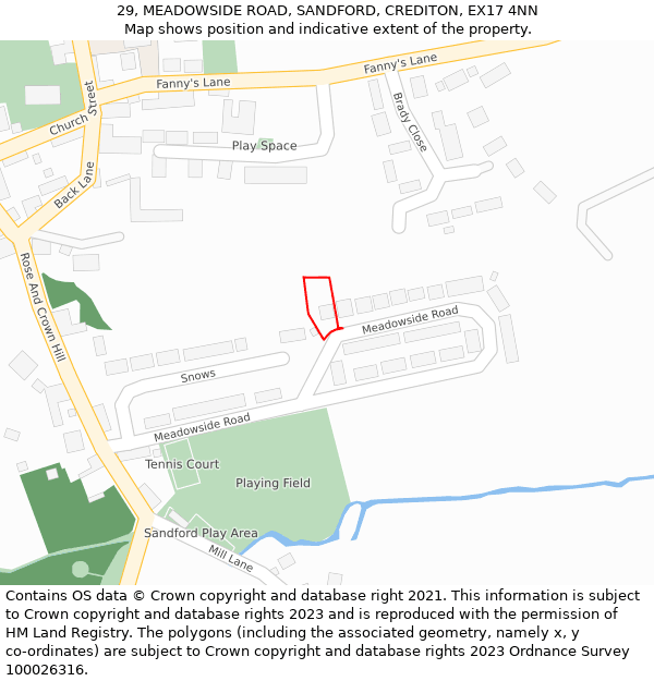 29, MEADOWSIDE ROAD, SANDFORD, CREDITON, EX17 4NN: Location map and indicative extent of plot