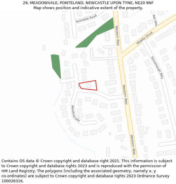 29, MEADOWVALE, PONTELAND, NEWCASTLE UPON TYNE, NE20 9NF: Location map and indicative extent of plot