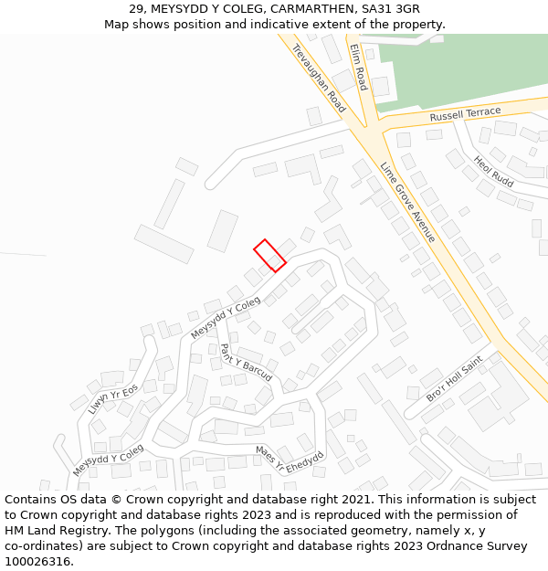 29, MEYSYDD Y COLEG, CARMARTHEN, SA31 3GR: Location map and indicative extent of plot