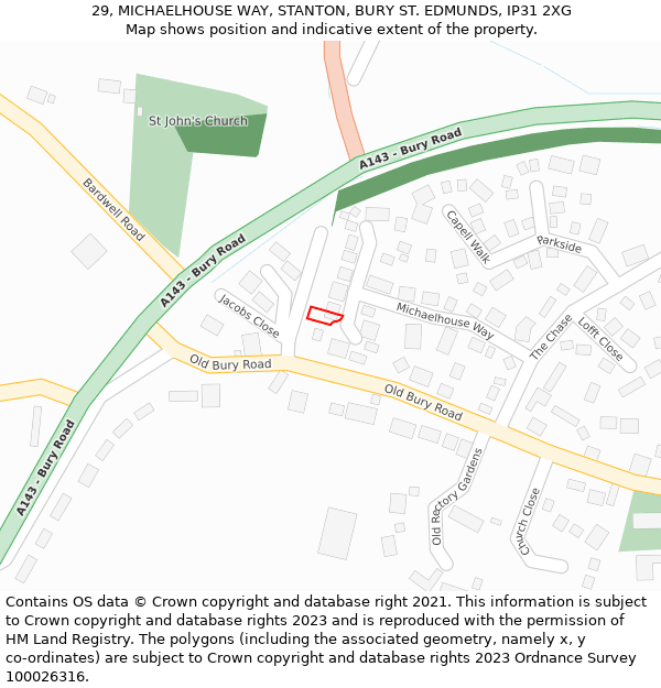 29, MICHAELHOUSE WAY, STANTON, BURY ST. EDMUNDS, IP31 2XG: Location map and indicative extent of plot