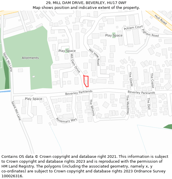 29, MILL DAM DRIVE, BEVERLEY, HU17 0WF: Location map and indicative extent of plot