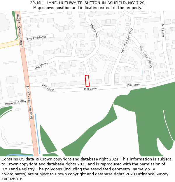 29, MILL LANE, HUTHWAITE, SUTTON-IN-ASHFIELD, NG17 2SJ: Location map and indicative extent of plot