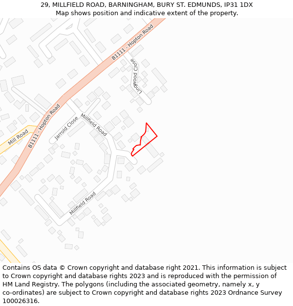 29, MILLFIELD ROAD, BARNINGHAM, BURY ST. EDMUNDS, IP31 1DX: Location map and indicative extent of plot