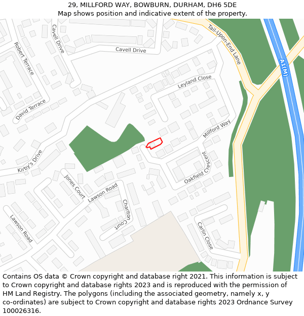 29, MILLFORD WAY, BOWBURN, DURHAM, DH6 5DE: Location map and indicative extent of plot