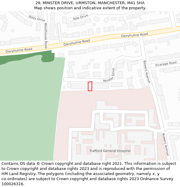 29, MINSTER DRIVE, URMSTON, MANCHESTER, M41 5HA: Location map and indicative extent of plot