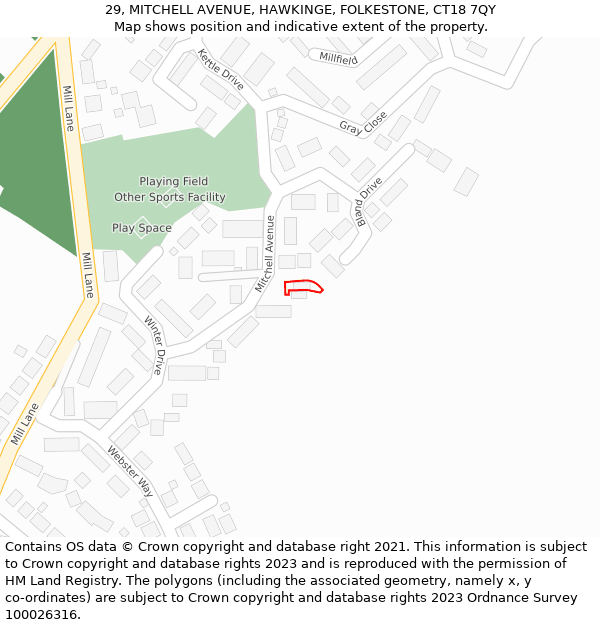 29, MITCHELL AVENUE, HAWKINGE, FOLKESTONE, CT18 7QY: Location map and indicative extent of plot