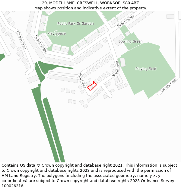 29, MODEL LANE, CRESWELL, WORKSOP, S80 4BZ: Location map and indicative extent of plot