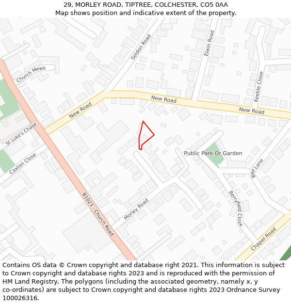 29, MORLEY ROAD, TIPTREE, COLCHESTER, CO5 0AA: Location map and indicative extent of plot