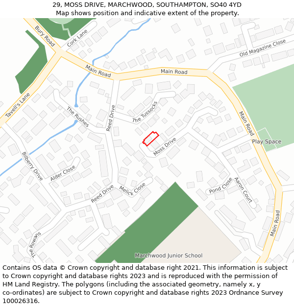 29, MOSS DRIVE, MARCHWOOD, SOUTHAMPTON, SO40 4YD: Location map and indicative extent of plot