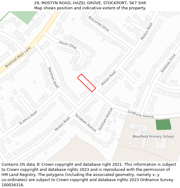 29, MOSTYN ROAD, HAZEL GROVE, STOCKPORT, SK7 5HR: Location map and indicative extent of plot