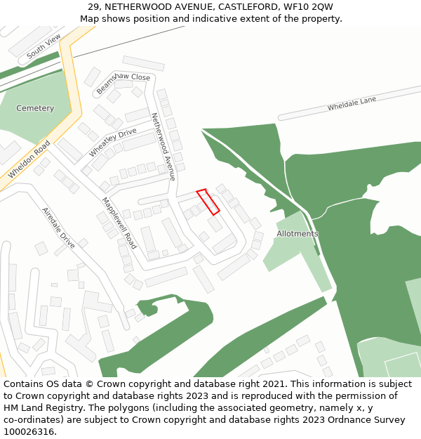 29, NETHERWOOD AVENUE, CASTLEFORD, WF10 2QW: Location map and indicative extent of plot