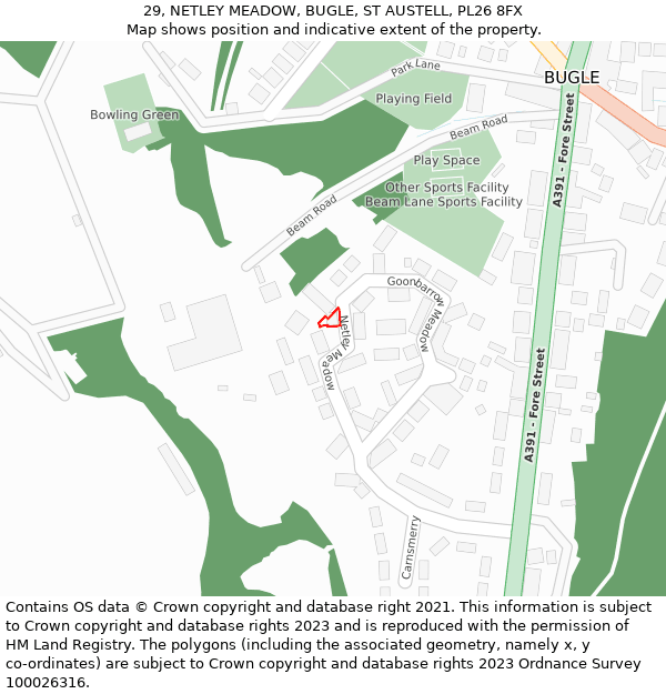 29, NETLEY MEADOW, BUGLE, ST AUSTELL, PL26 8FX: Location map and indicative extent of plot