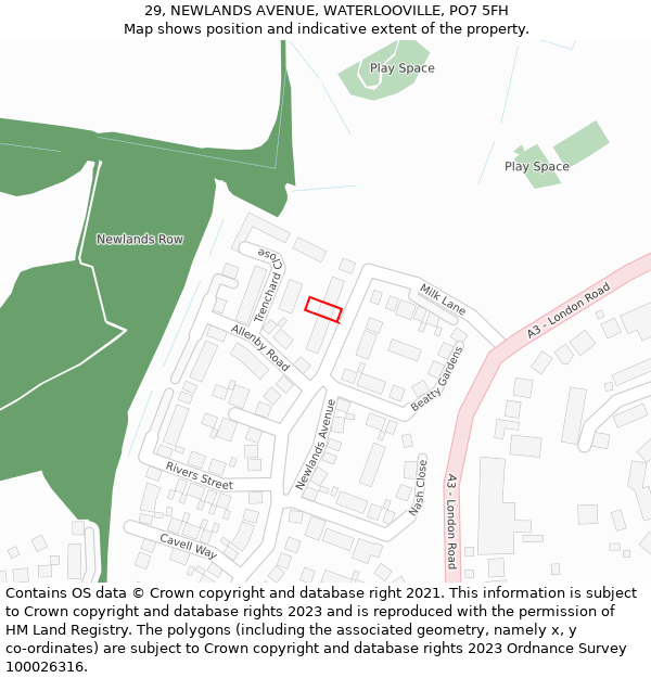 29, NEWLANDS AVENUE, WATERLOOVILLE, PO7 5FH: Location map and indicative extent of plot