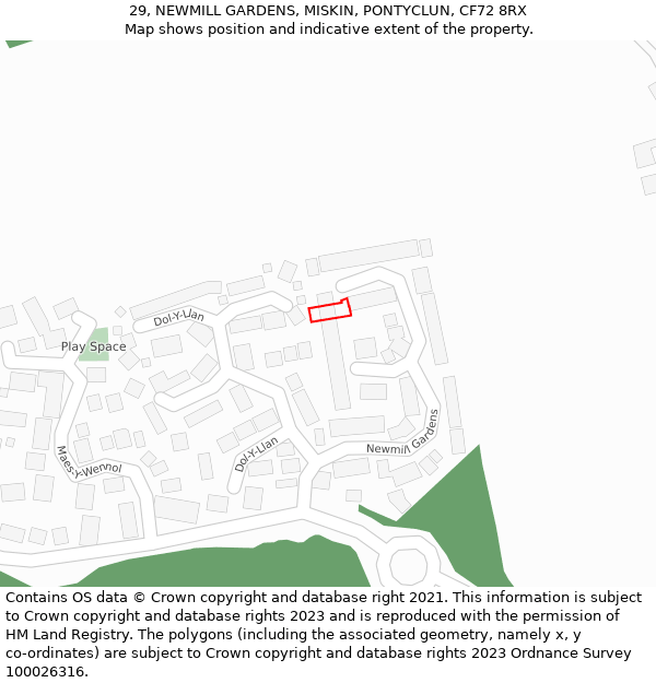 29, NEWMILL GARDENS, MISKIN, PONTYCLUN, CF72 8RX: Location map and indicative extent of plot