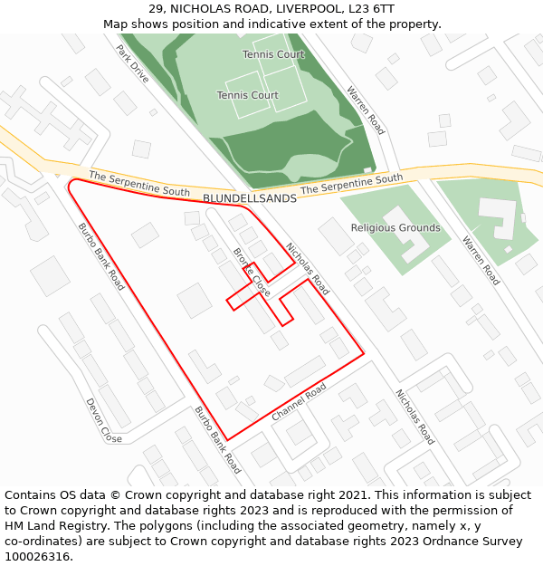 29, NICHOLAS ROAD, LIVERPOOL, L23 6TT: Location map and indicative extent of plot