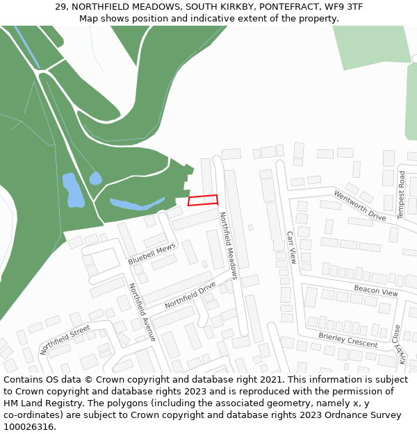 29, NORTHFIELD MEADOWS, SOUTH KIRKBY, PONTEFRACT, WF9 3TF: Location map and indicative extent of plot