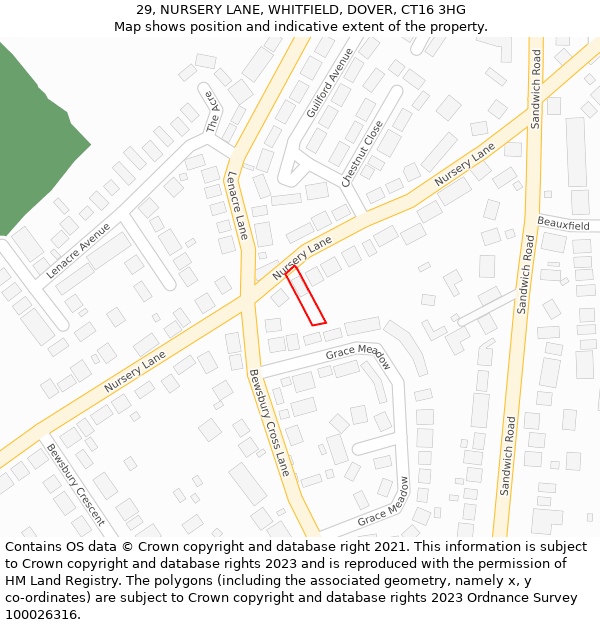 29, NURSERY LANE, WHITFIELD, DOVER, CT16 3HG: Location map and indicative extent of plot