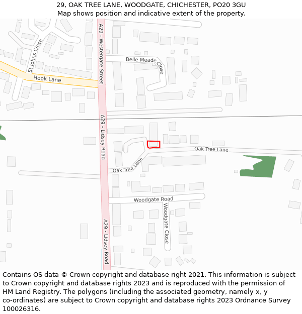 29, OAK TREE LANE, WOODGATE, CHICHESTER, PO20 3GU: Location map and indicative extent of plot