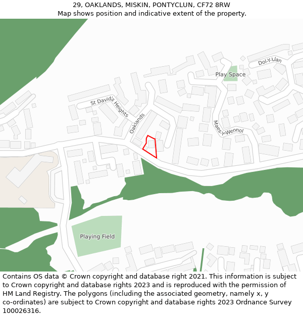 29, OAKLANDS, MISKIN, PONTYCLUN, CF72 8RW: Location map and indicative extent of plot