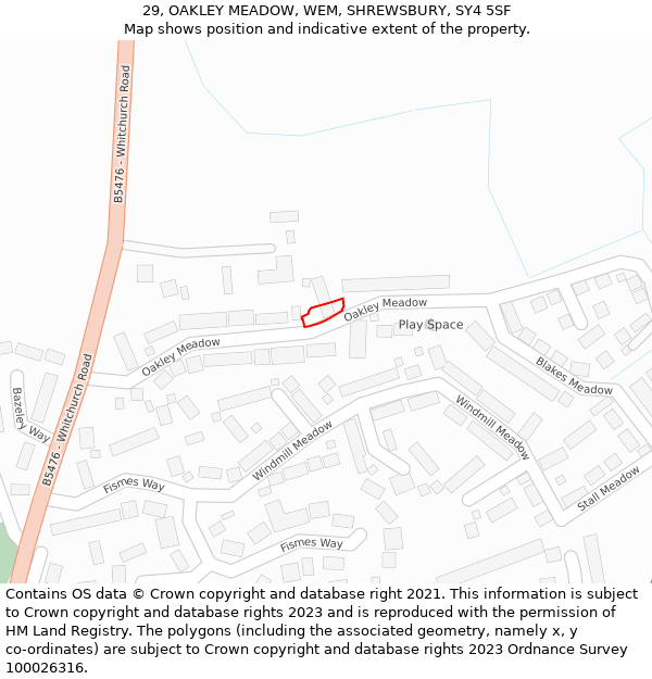 29, OAKLEY MEADOW, WEM, SHREWSBURY, SY4 5SF: Location map and indicative extent of plot