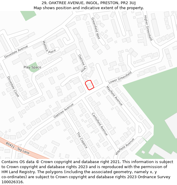 29, OAKTREE AVENUE, INGOL, PRESTON, PR2 3UJ: Location map and indicative extent of plot