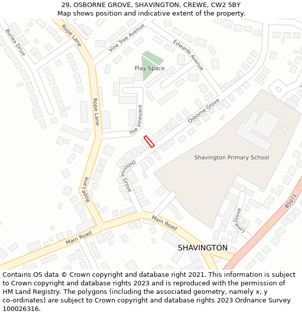 29, OSBORNE GROVE, SHAVINGTON, CREWE, CW2 5BY: Location map and indicative extent of plot