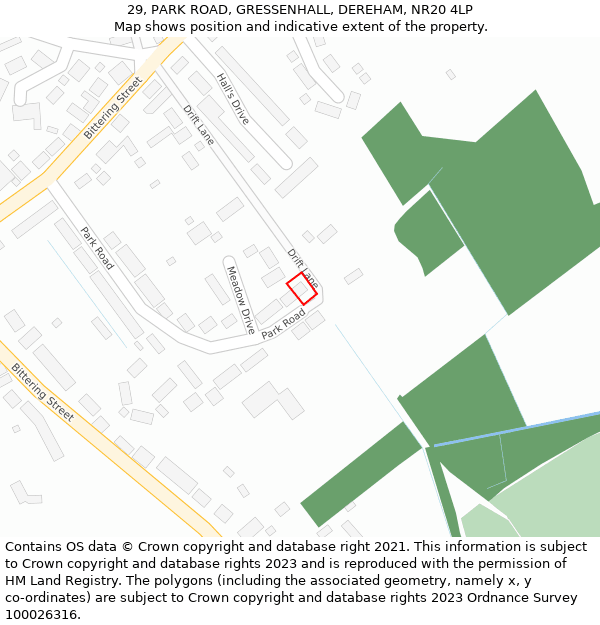 29, PARK ROAD, GRESSENHALL, DEREHAM, NR20 4LP: Location map and indicative extent of plot