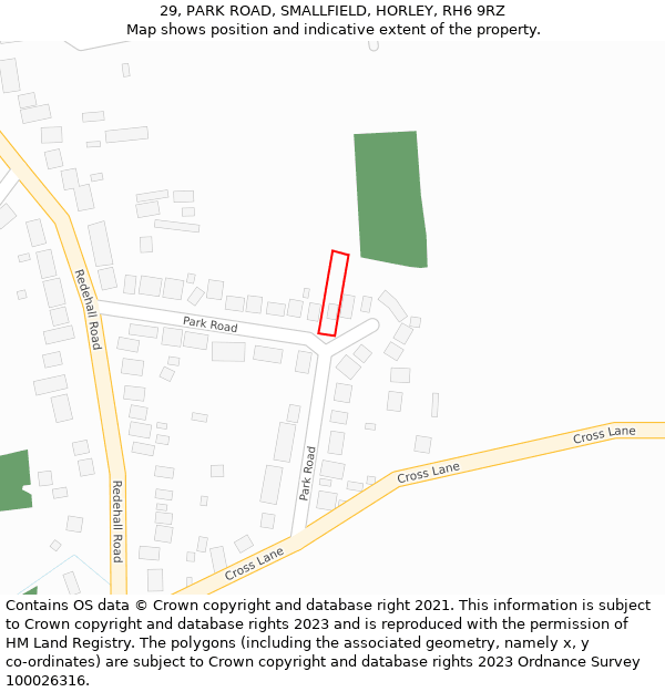 29, PARK ROAD, SMALLFIELD, HORLEY, RH6 9RZ: Location map and indicative extent of plot