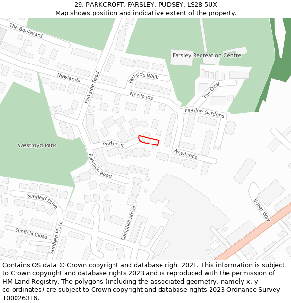 29, PARKCROFT, FARSLEY, PUDSEY, LS28 5UX: Location map and indicative extent of plot