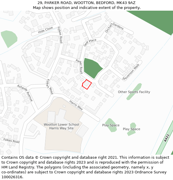 29, PARKER ROAD, WOOTTON, BEDFORD, MK43 9AZ: Location map and indicative extent of plot
