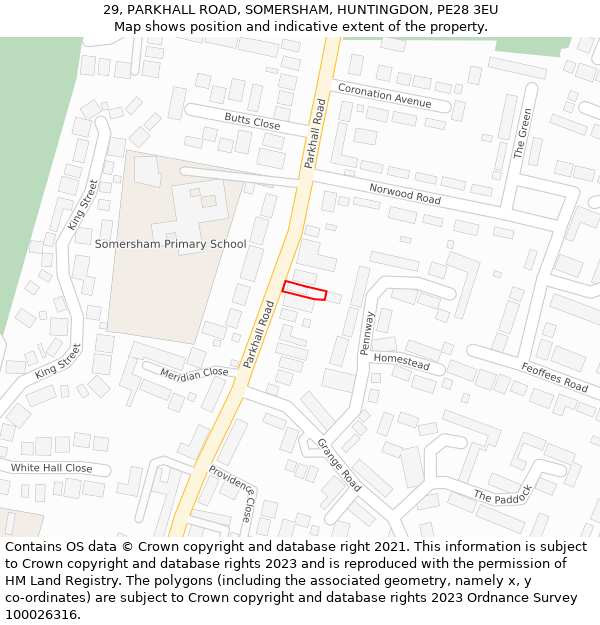 29, PARKHALL ROAD, SOMERSHAM, HUNTINGDON, PE28 3EU: Location map and indicative extent of plot
