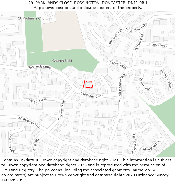 29, PARKLANDS CLOSE, ROSSINGTON, DONCASTER, DN11 0BH: Location map and indicative extent of plot