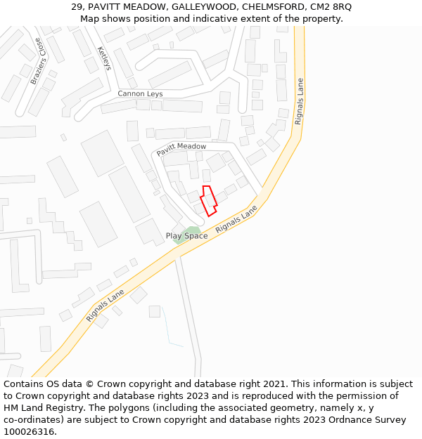 29, PAVITT MEADOW, GALLEYWOOD, CHELMSFORD, CM2 8RQ: Location map and indicative extent of plot