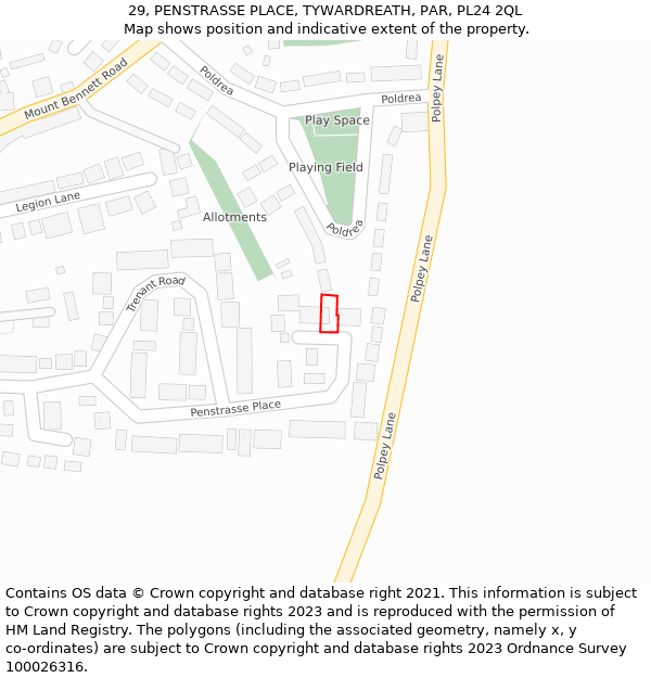 29, PENSTRASSE PLACE, TYWARDREATH, PAR, PL24 2QL: Location map and indicative extent of plot