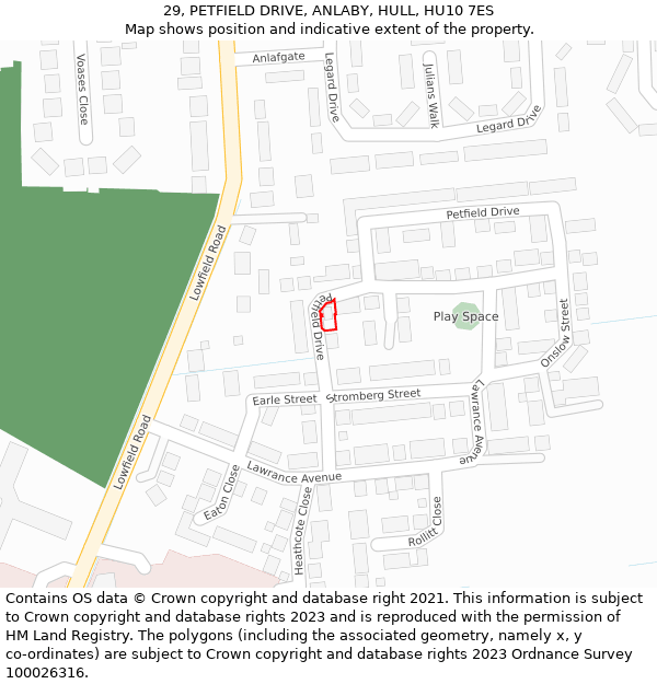 29, PETFIELD DRIVE, ANLABY, HULL, HU10 7ES: Location map and indicative extent of plot