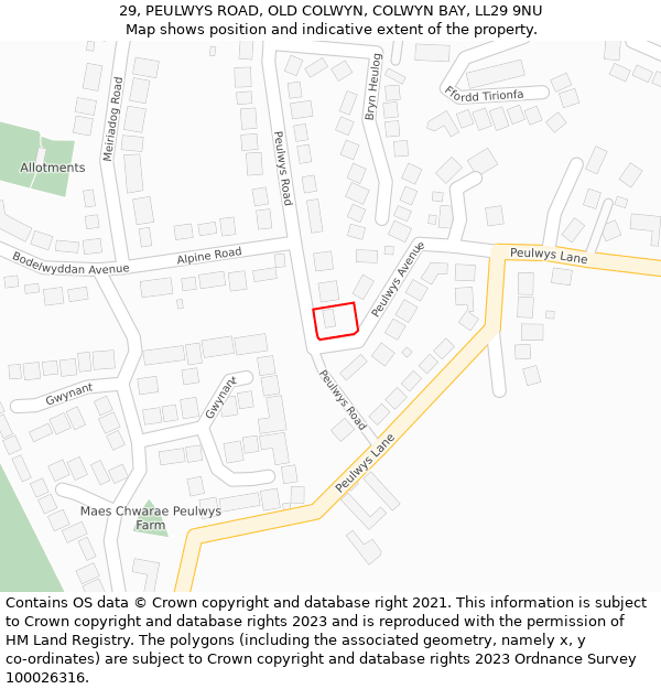29, PEULWYS ROAD, OLD COLWYN, COLWYN BAY, LL29 9NU: Location map and indicative extent of plot