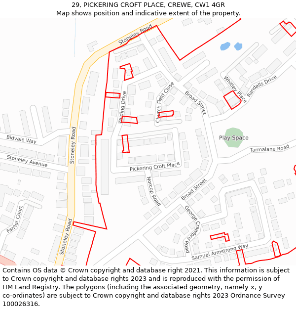 29, PICKERING CROFT PLACE, CREWE, CW1 4GR: Location map and indicative extent of plot